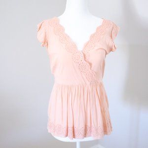 Loft Pink Crochet V Neck Wrap Top Blouse 0 XS